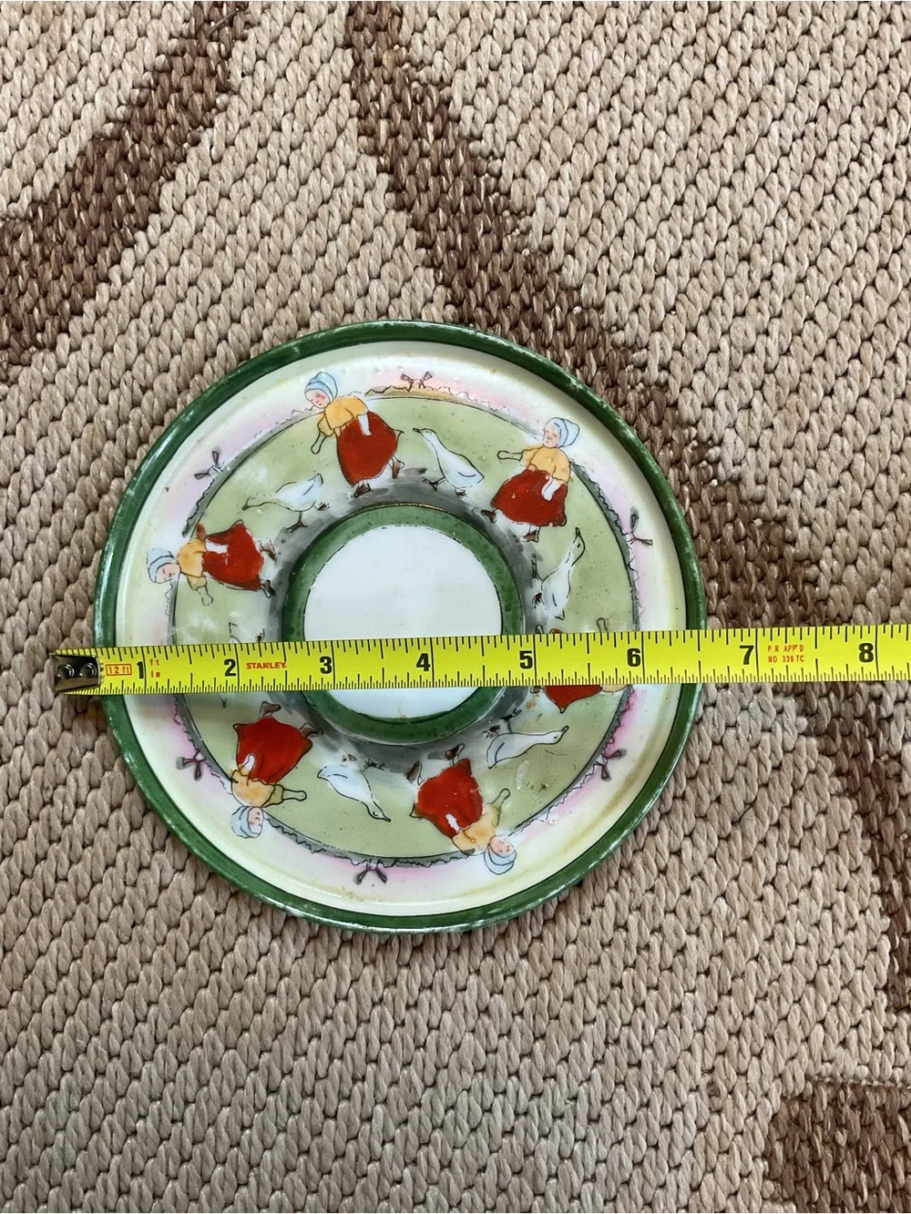 Vintage Japanese Ceramic Saucer with Green Rim and Red Accents